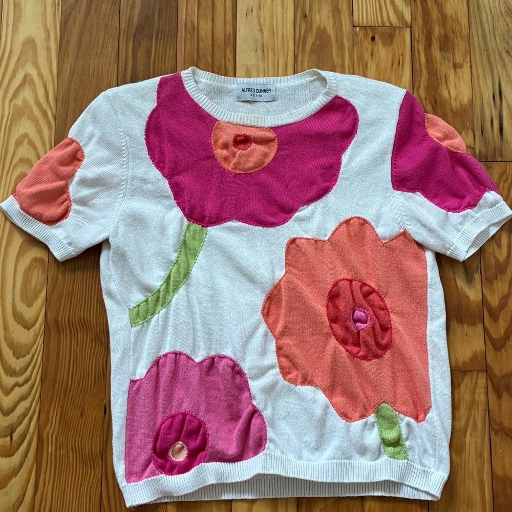 Vtg 90s Alfred Dunner Flower Short Sleeve Sweater Top Size S Petite